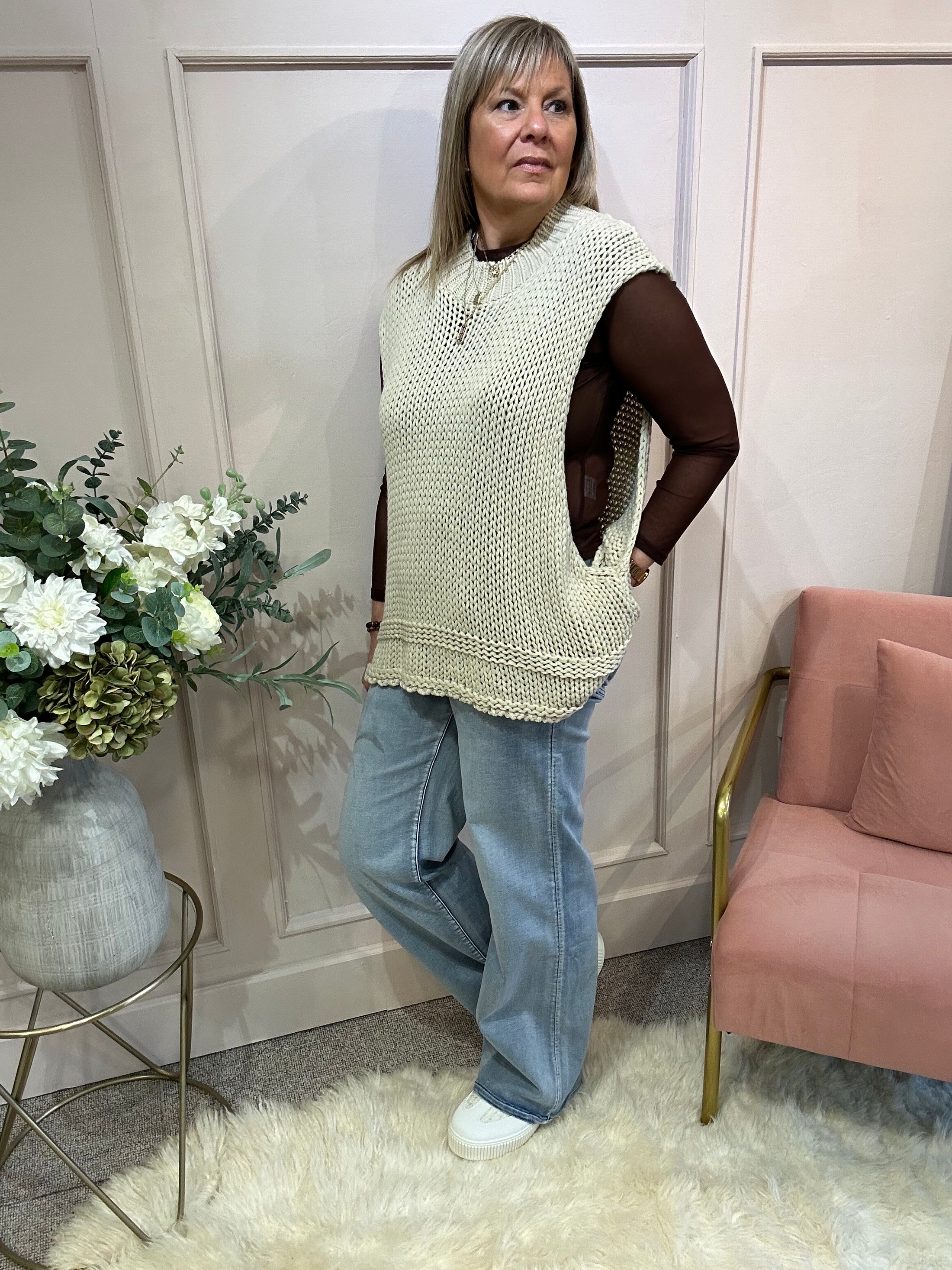 Sleeveless Over Knit - Beige - Wardrobe By Simone