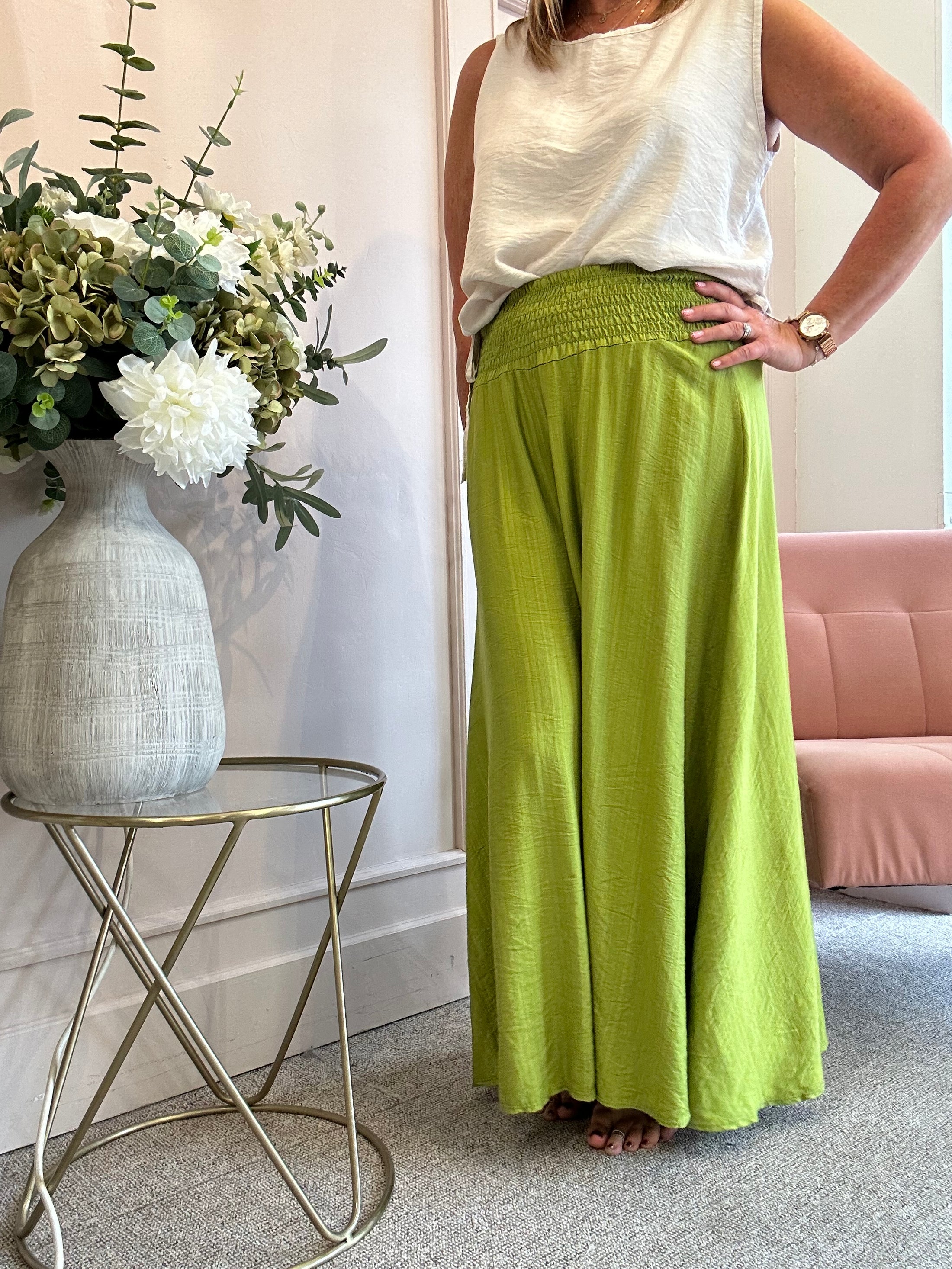 Deep Elasticated Waist Wide Pant - Olive Green