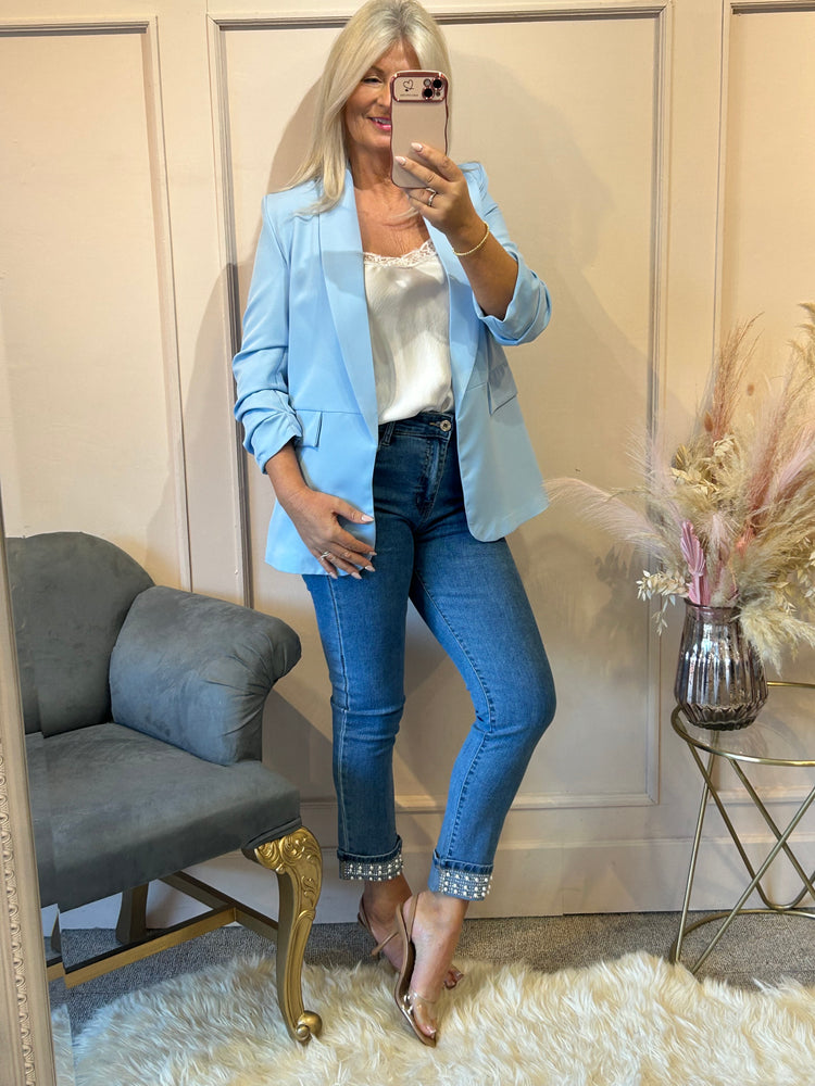 Pearl Detail Straight Leg Jeans- Lighter Denim - Wardrobe By Simone