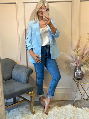 Pearl Detail Straight Leg Jeans- Lighter Denim - Wardrobe By Simone