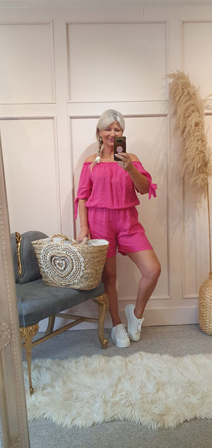 Linen Bardot Top & Shorts Playsuit - Pink