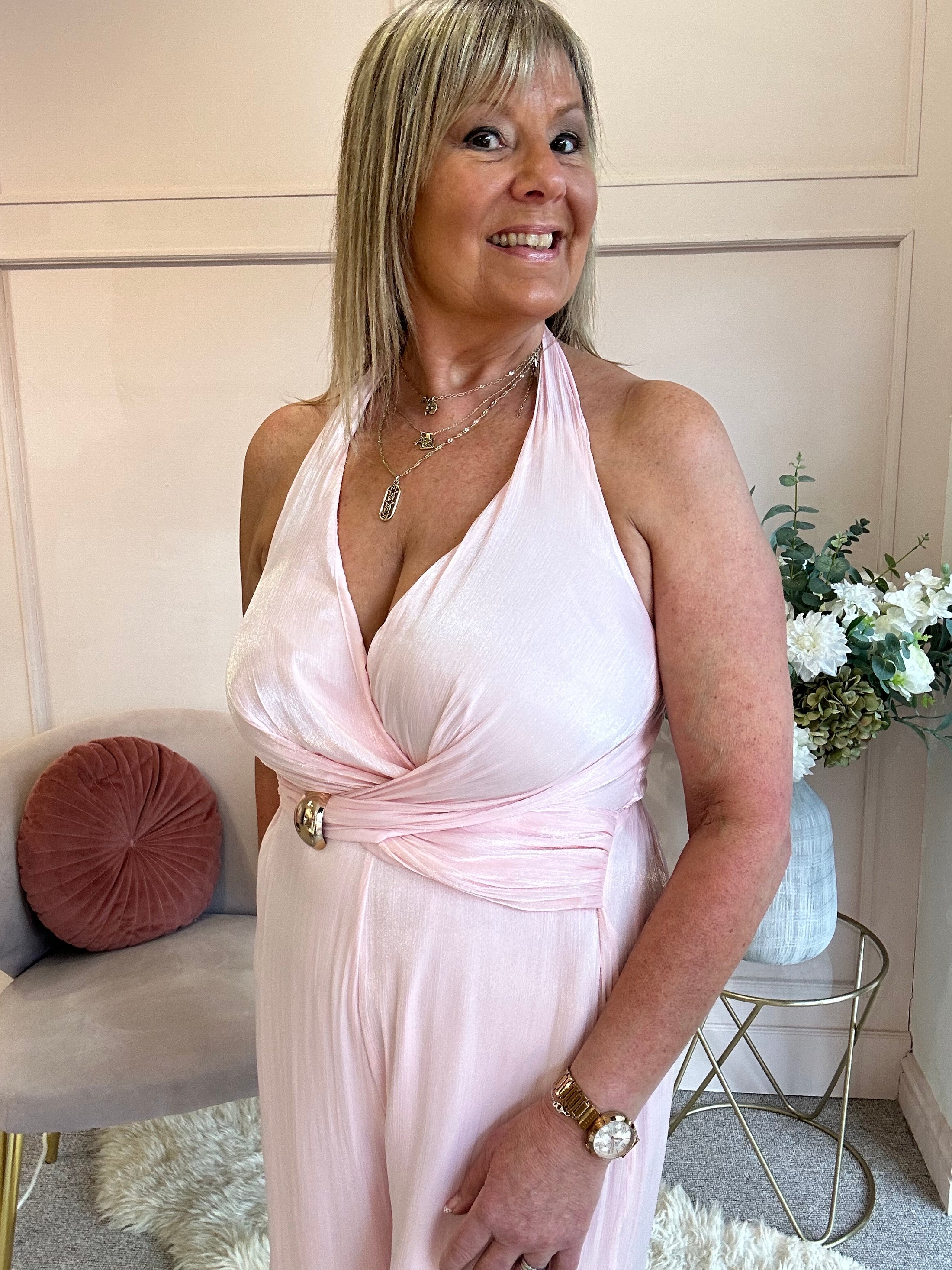 Halter Neck Soft Shimmer Jumpsuit - Soft Pink - Wardrobe By Simone