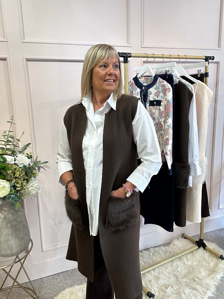 Fluffy Pocketed Long Waistcoat - Chocolate