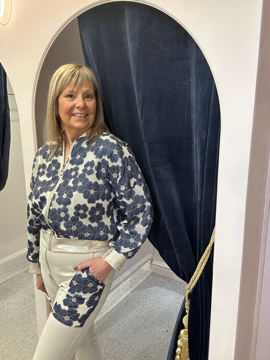 Two Piece Lounge Set - Cream/Indigo