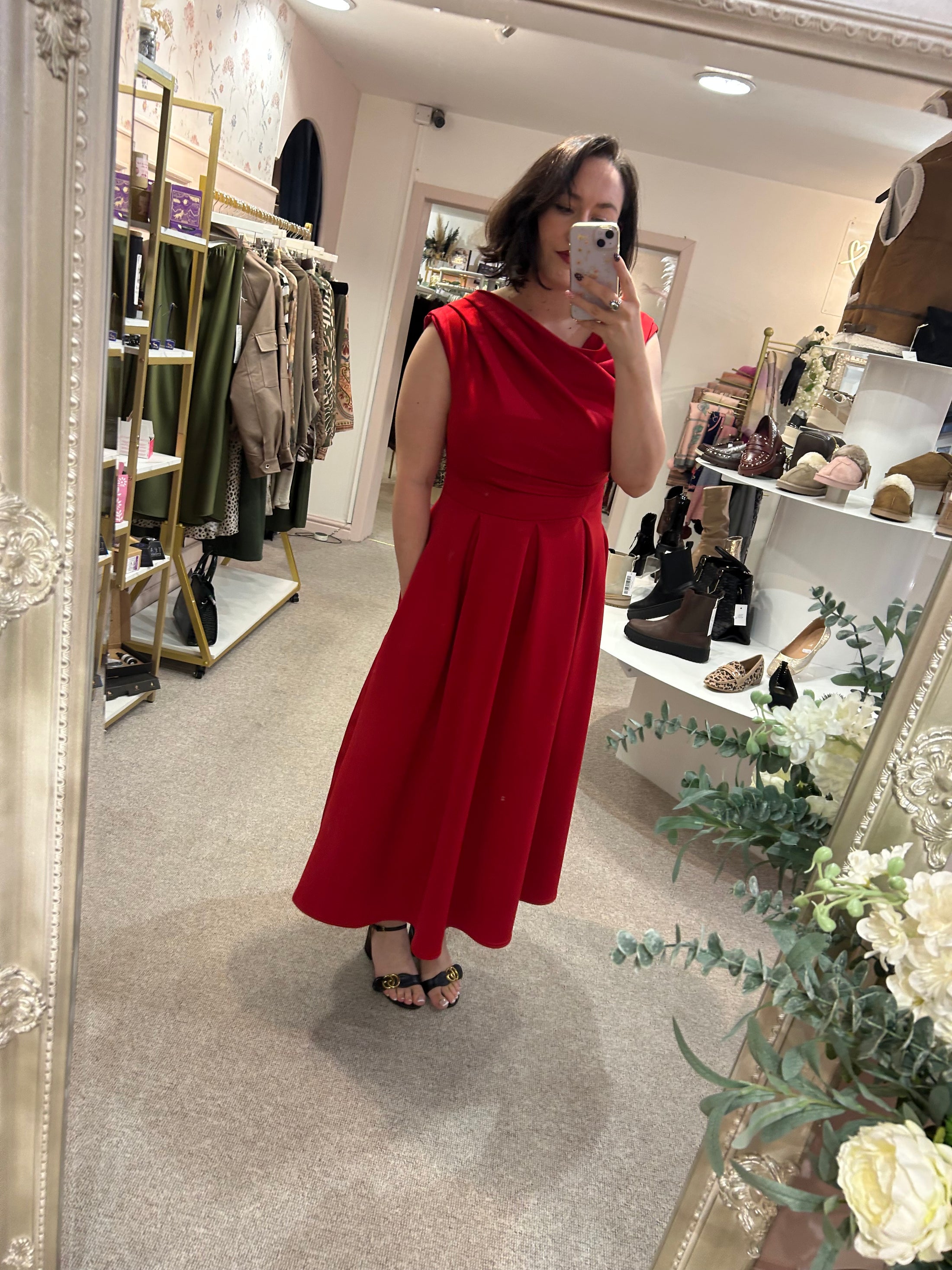 Asymmetric Neckline Skater Dress - Red