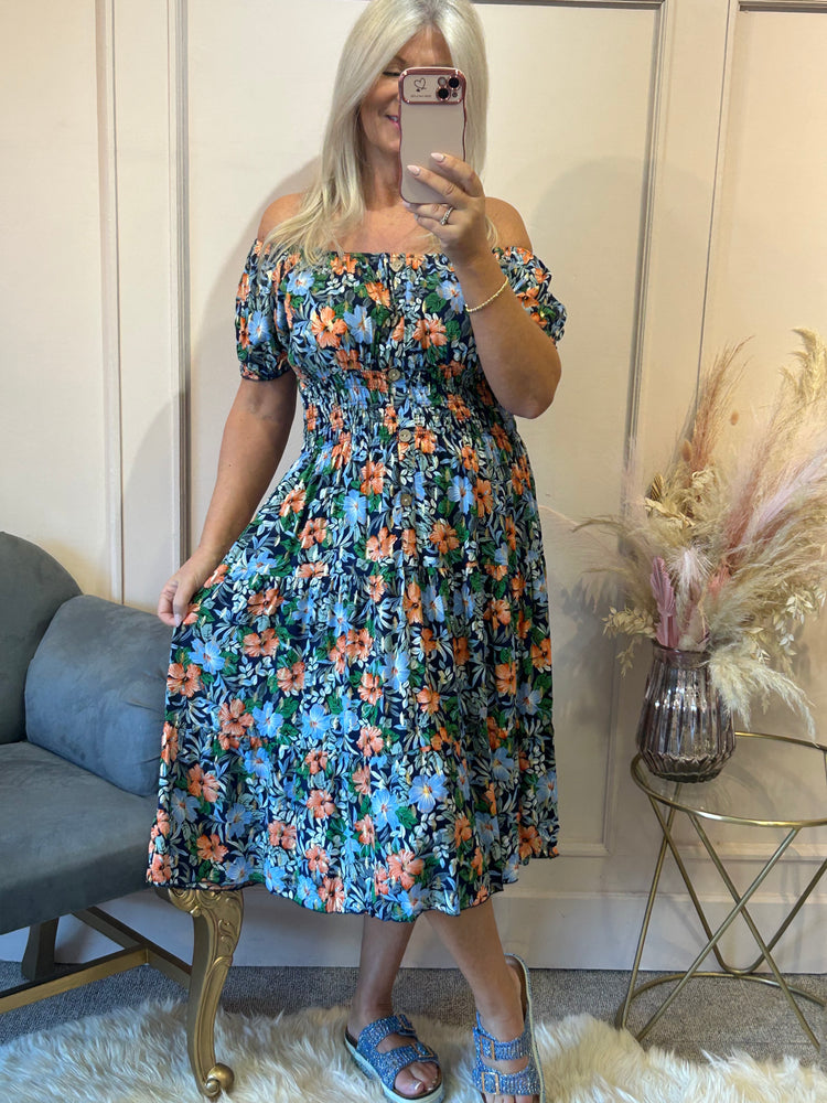 Floral Bloom Midi Dress - Blues/Oranges