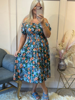 Floral Bloom Midi Dress - Blues/Oranges