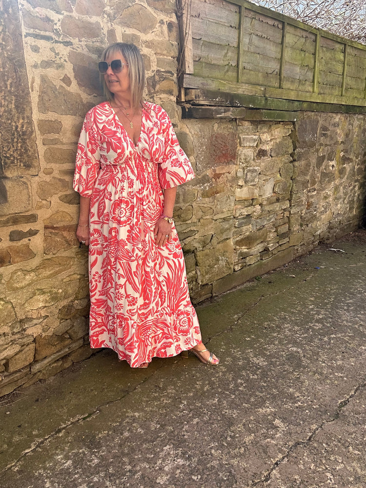 Flower Leaf Mix Maxi Dress - Coral/White