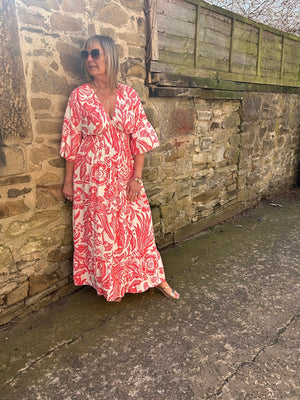 Flower Leaf Mix Maxi Dress - Coral/White