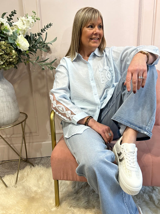 Lace Detail Shirt - Pale Blue