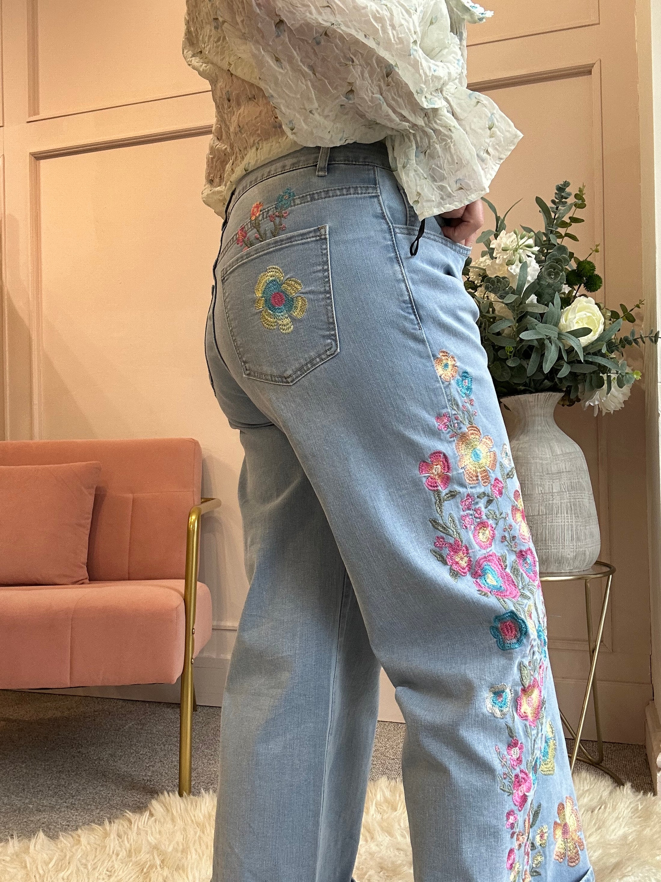 Pretty Embroidered Flowes Jean - Denim Blue - Wardrobe By Simone