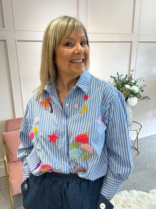 Moon & Star Striped Shirt  - Blue/White - Wardrobe By Simone