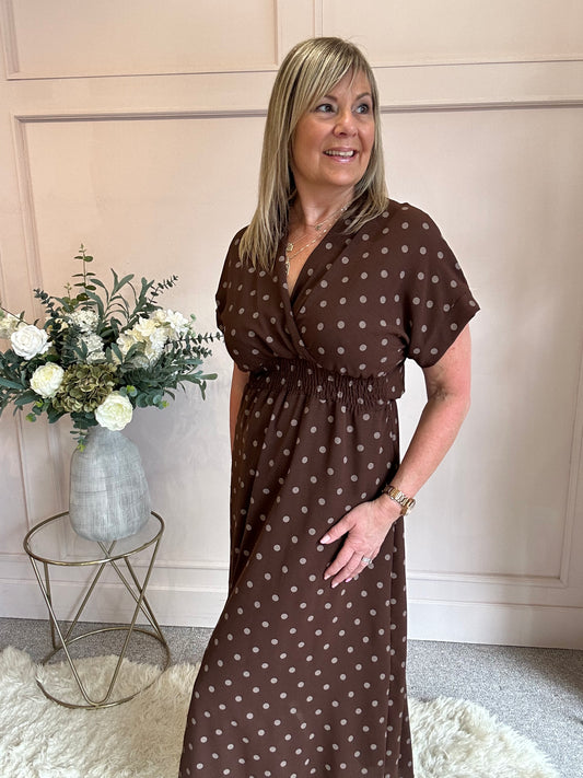 V Neck Polka Dot Dress Brown Elastic Waist - One Size