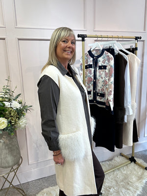 Fluffy Pocketed Long Waistcoat - Cream