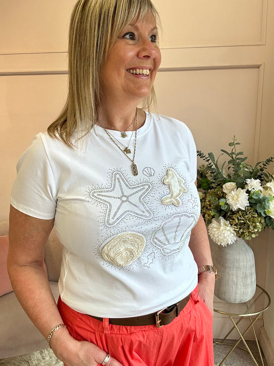Sea Shells & Fish Sparkle T Shirt  - White - Wardrobe By Simone