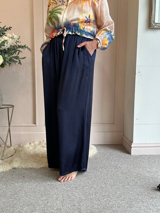 Satin Feel Wide Pant - Rich Navy