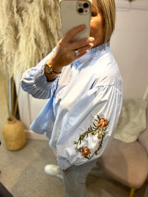 
            
                Load image into Gallery viewer, Mandarin Collar Shirt Embroidered Sleeves - Pale Blue - Wardrobe By Simone
            
        