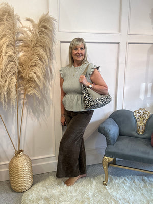 Ruched Bodice Peplum Top - Taupe - Wardrobe By Simone