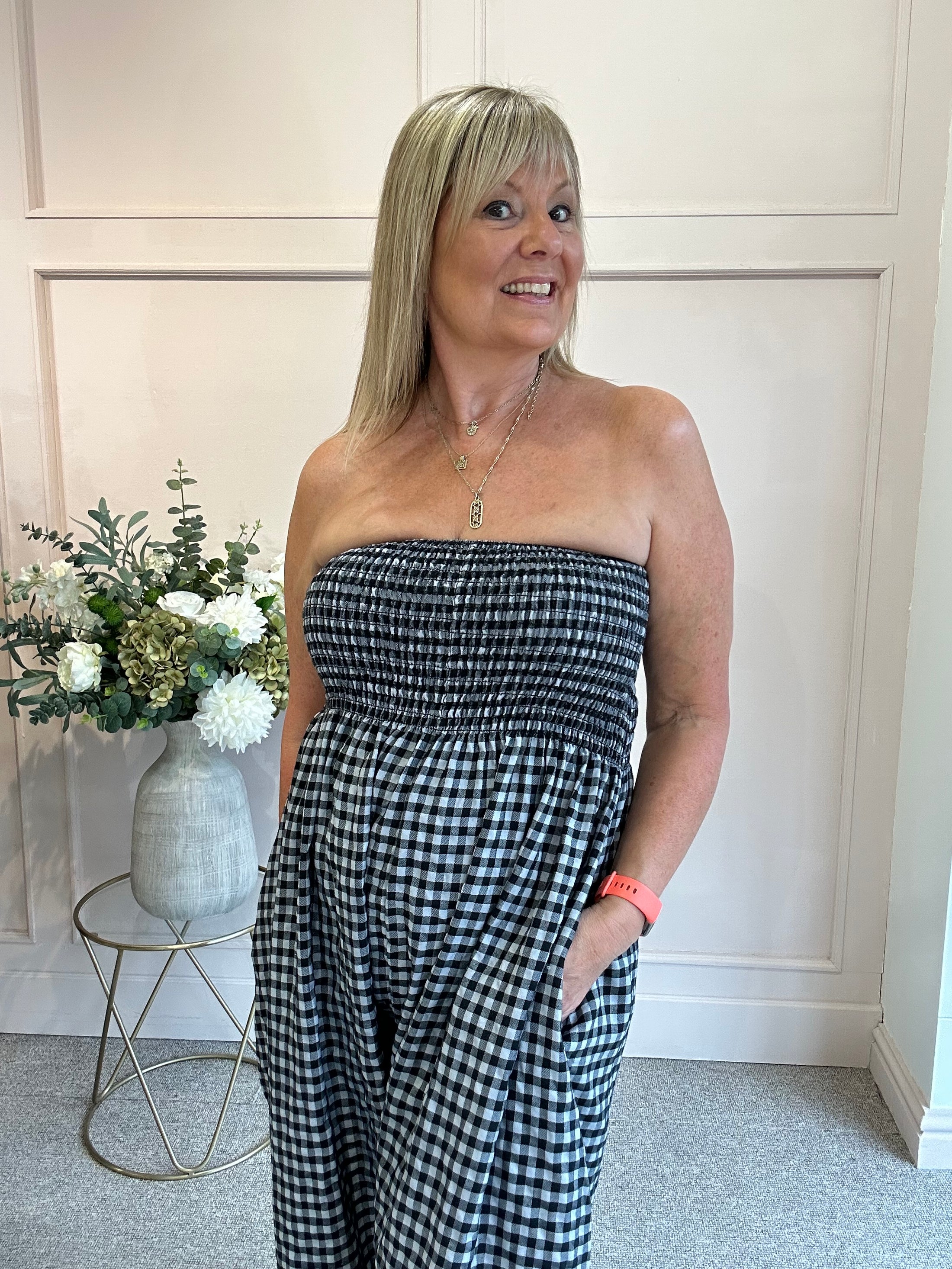 Elasticated Bodice Gingham Jumpsuit - Black/White One Size