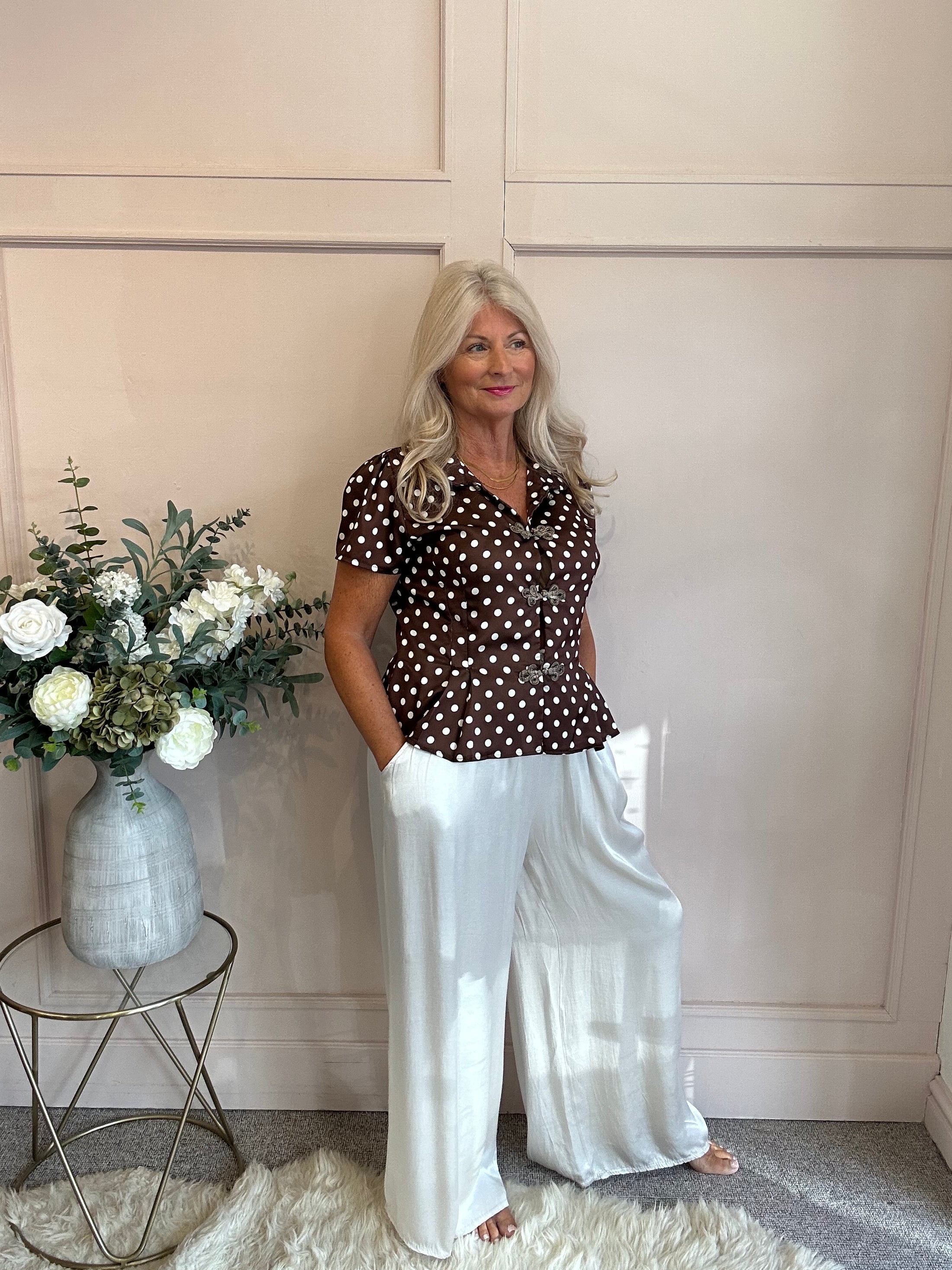Spotty Collared Shirt Blouse - Brown/White - Wardrobe By Simone