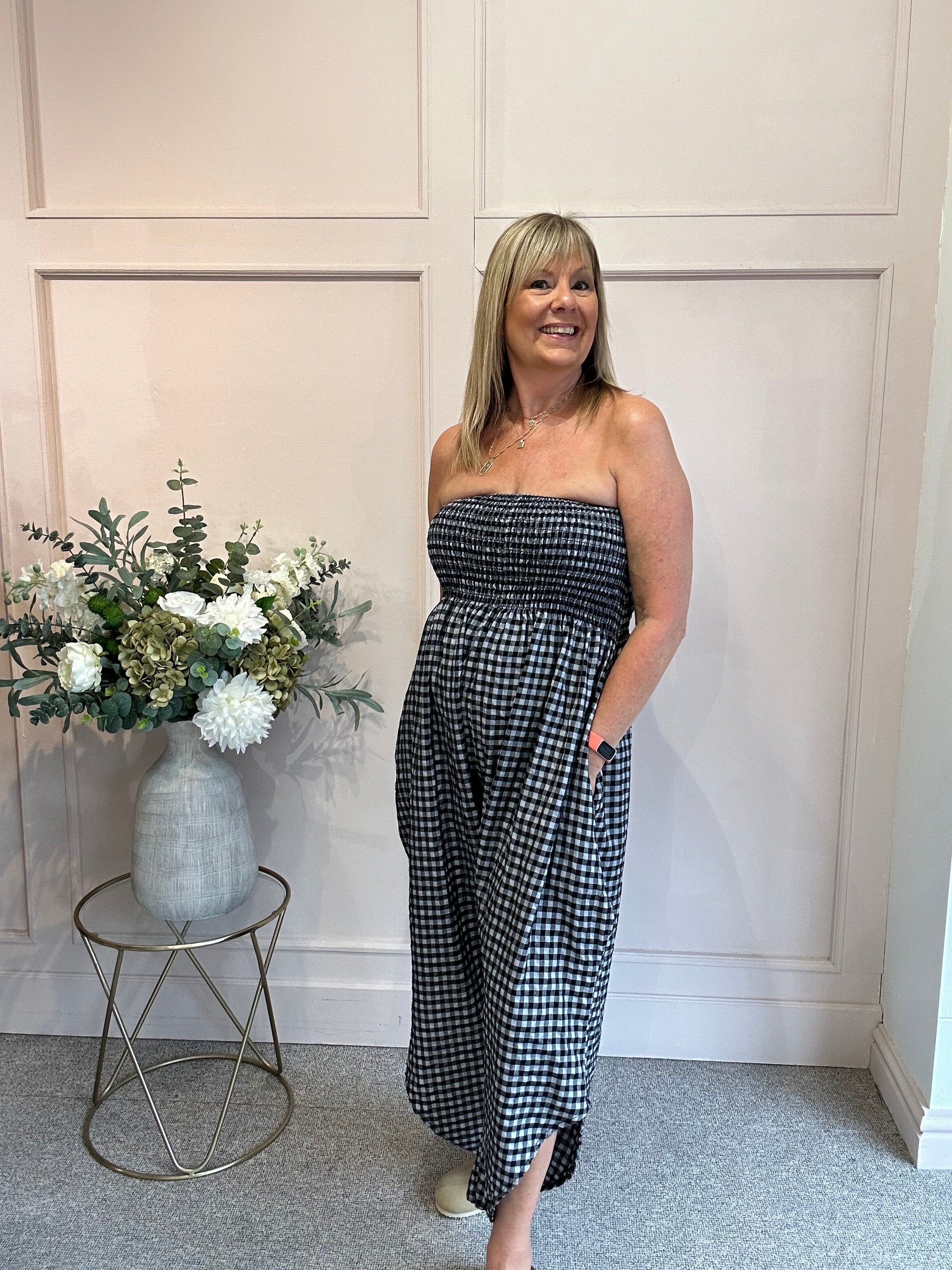 Elasticated Bodice Gingham Jumpsuit - Black/White One Size