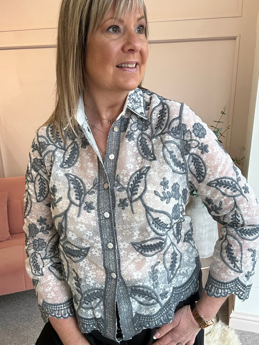 Pretty Embroidered Lace Shirt - White/Grey - Wardrobe By Simone