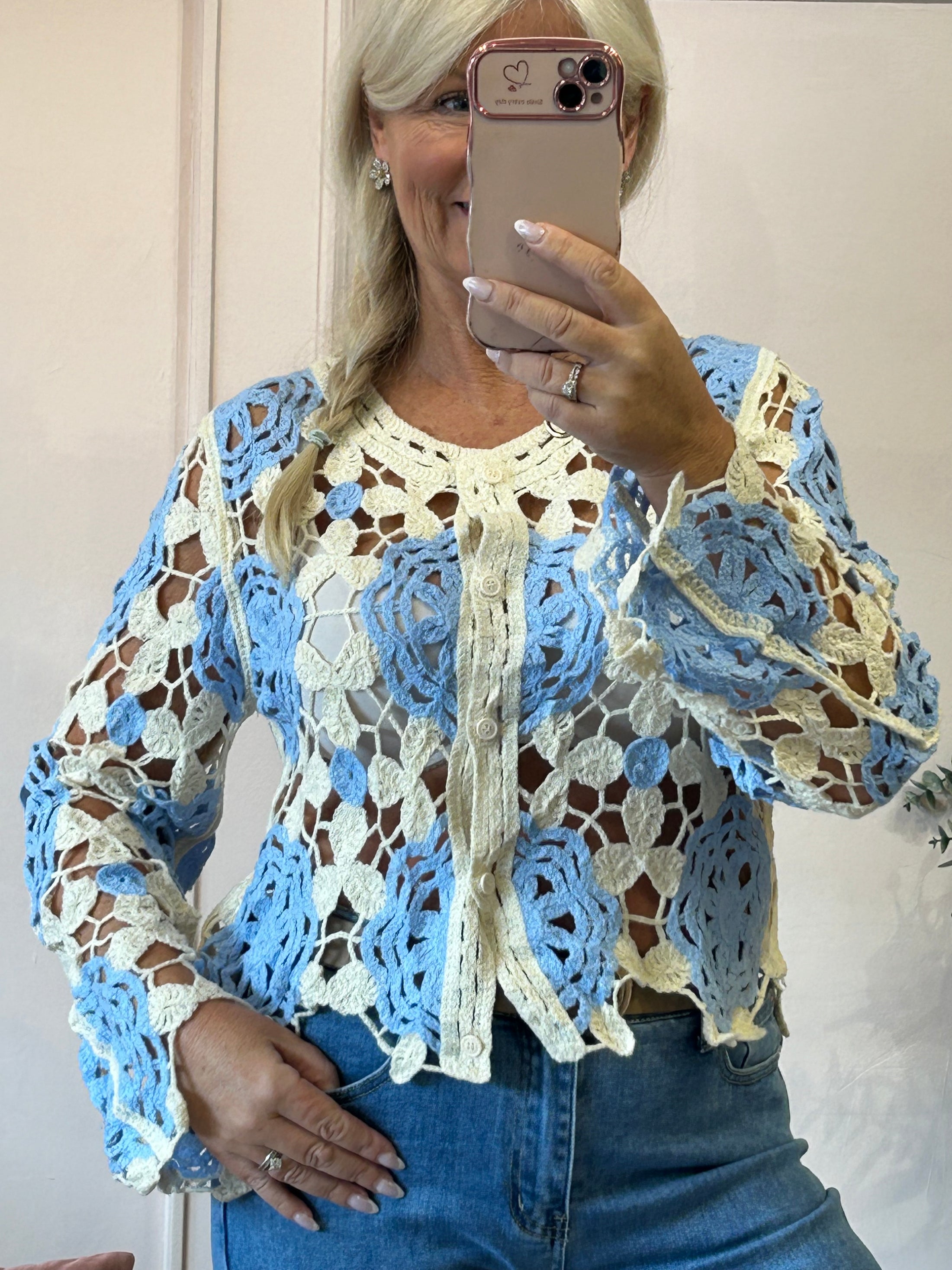 Cute Crochet Cardi - Cream/Powder Blue - Wardrobe By Simone