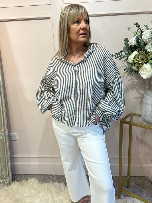 Striped Grandad Shirt - Khaki/White - Wardrobe By Simone