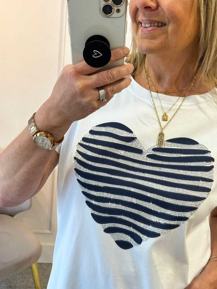 Navy Blue & Silver Heart T Shirt - White