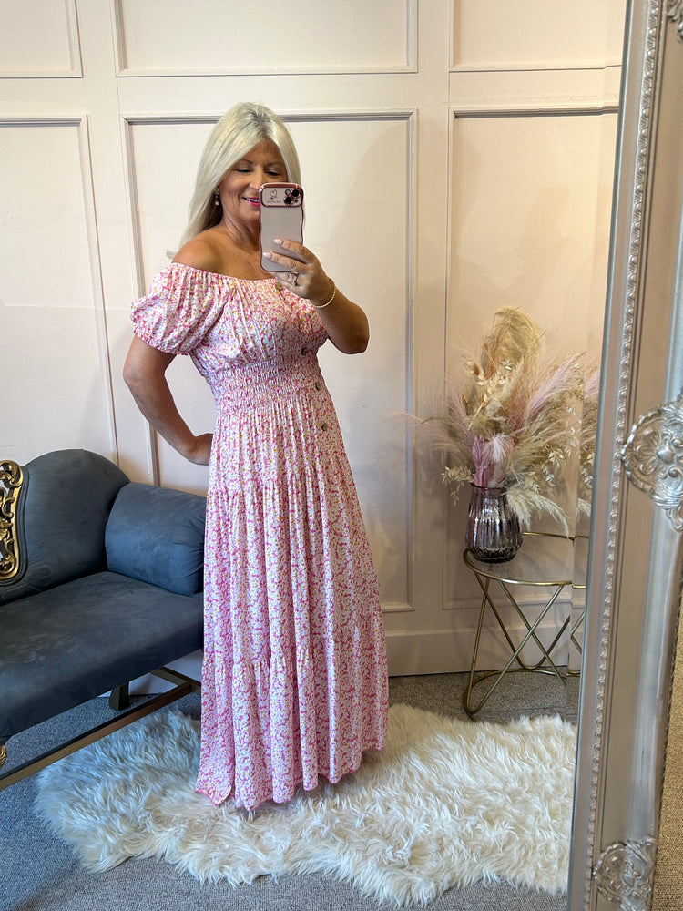 Ditsy Flowers Maxi Dress - Pink/White