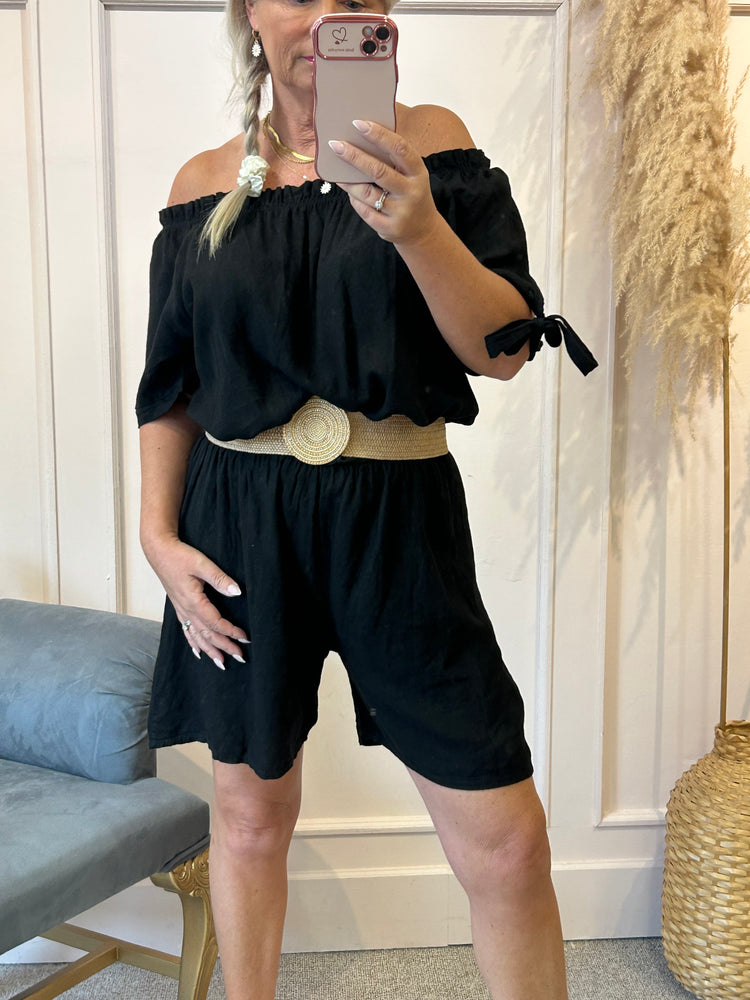 Linen Bardot Top & Shorts Playsuit - Black