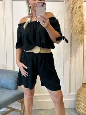Linen Bardot Top & Shorts Playsuit - Black