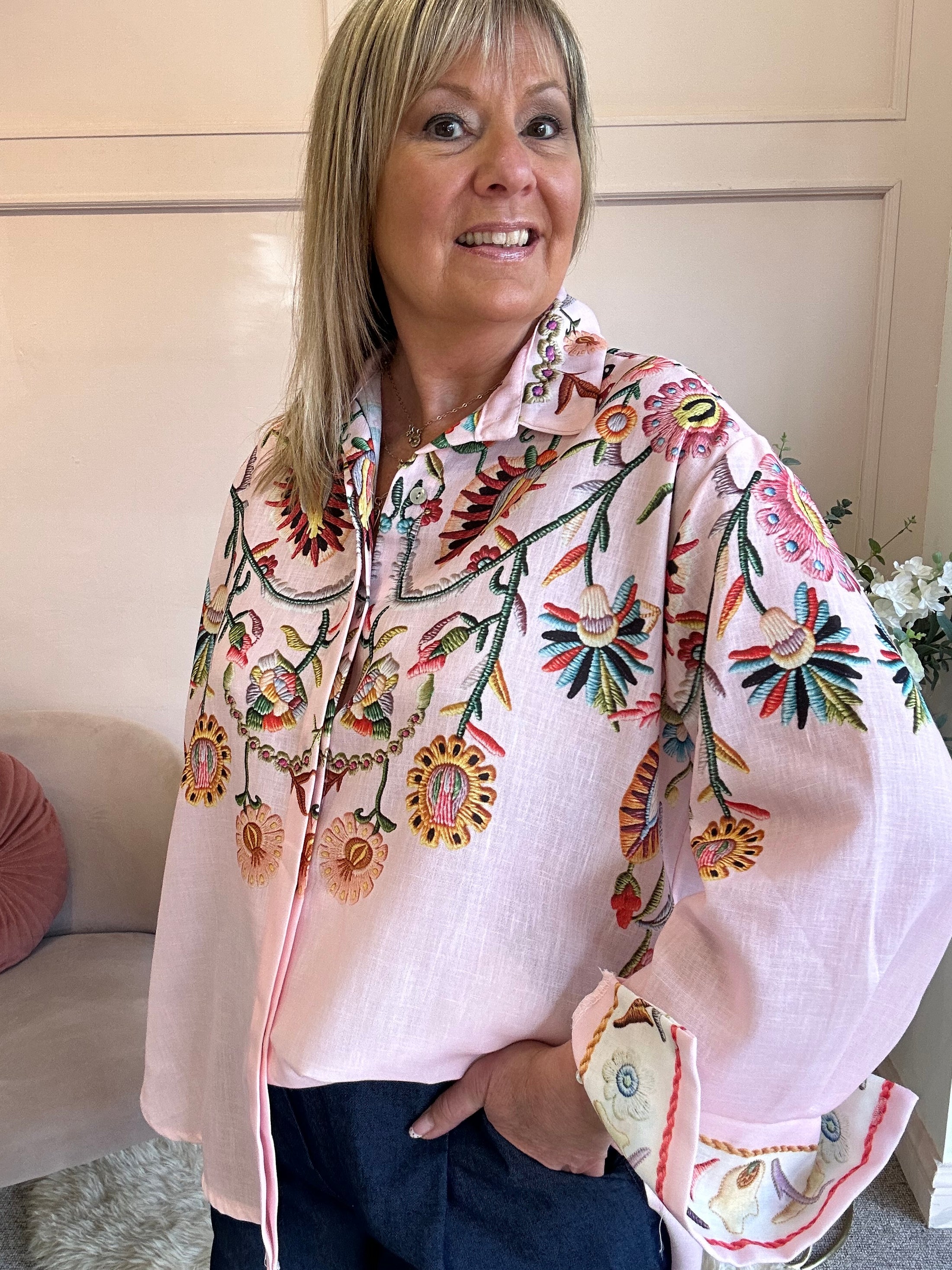 Cascading Floral Print Shirt  - Pink/MIx - Wardrobe By Simone