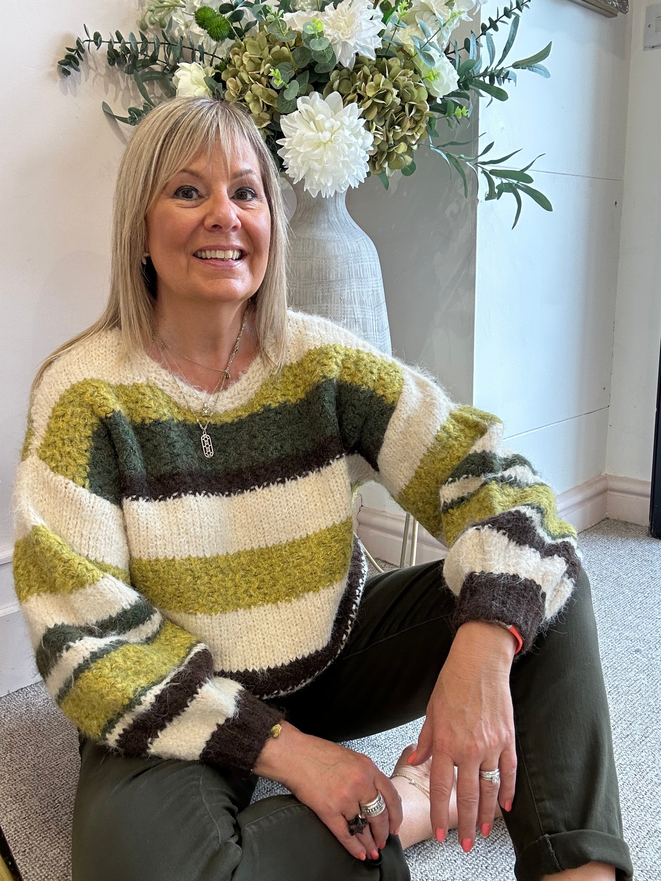 Cosy Striped Mix Jumper - Khaki/Brown/Cream