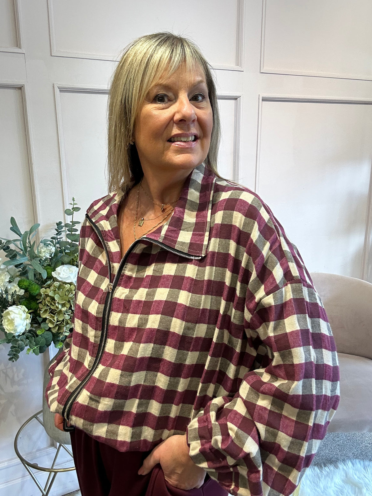 A Checked Zip Jacket - Burgundy/Cream - Wardrobe By Simone