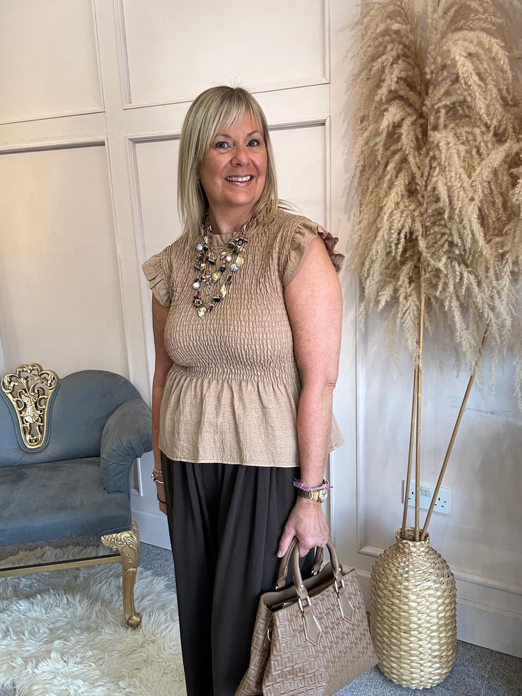 Ruched Bodice Peplum Top - Camel