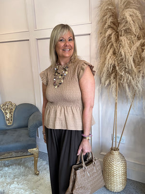 Ruched Bodice Peplum Top - Camel