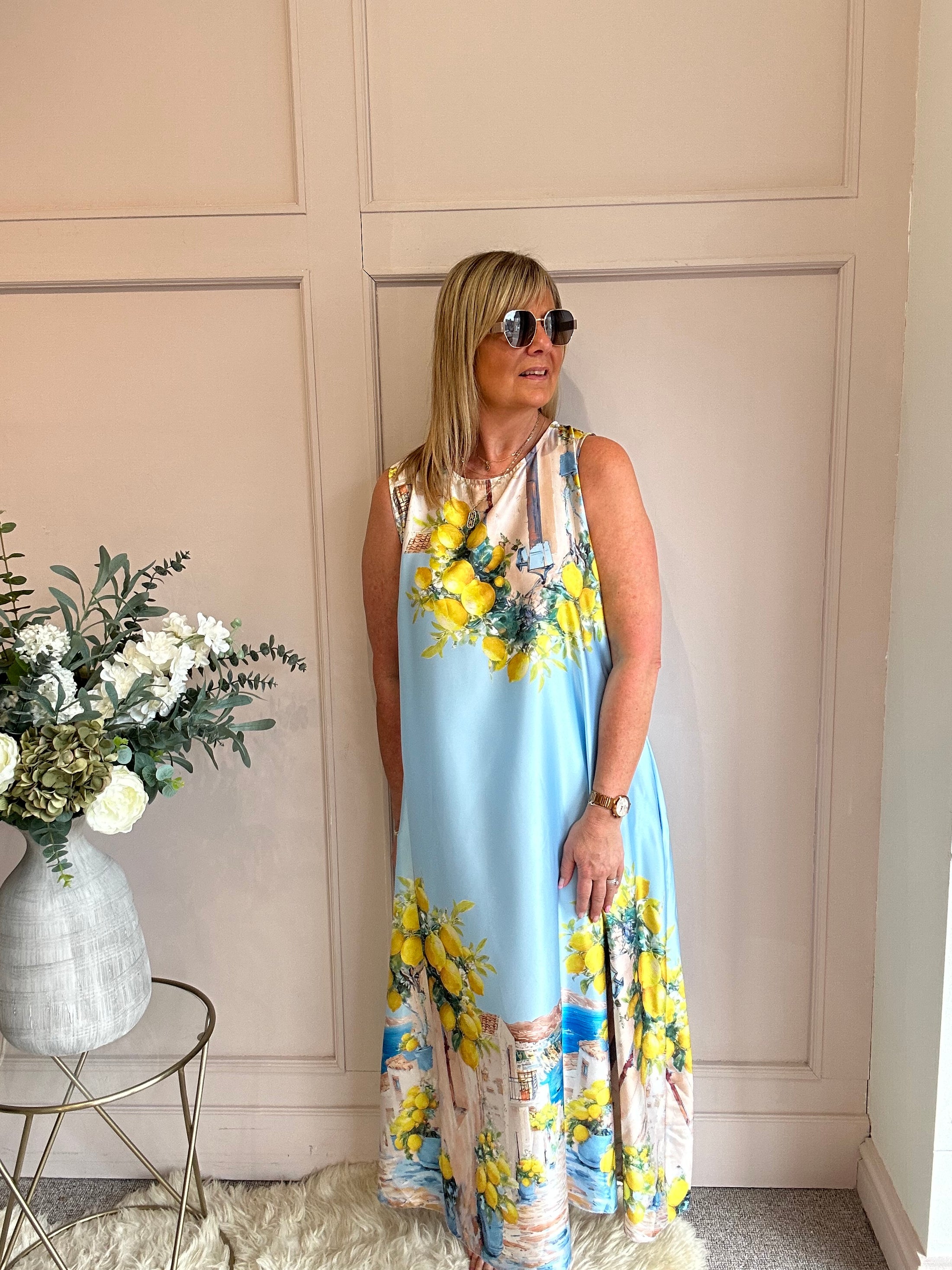 Santorini & Lemons Maxi Dress- Aqua Blue
