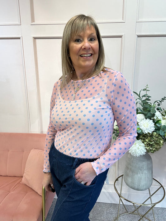 Polka Dot Mesh Top - Pink/Blue - Wardrobe By Simone