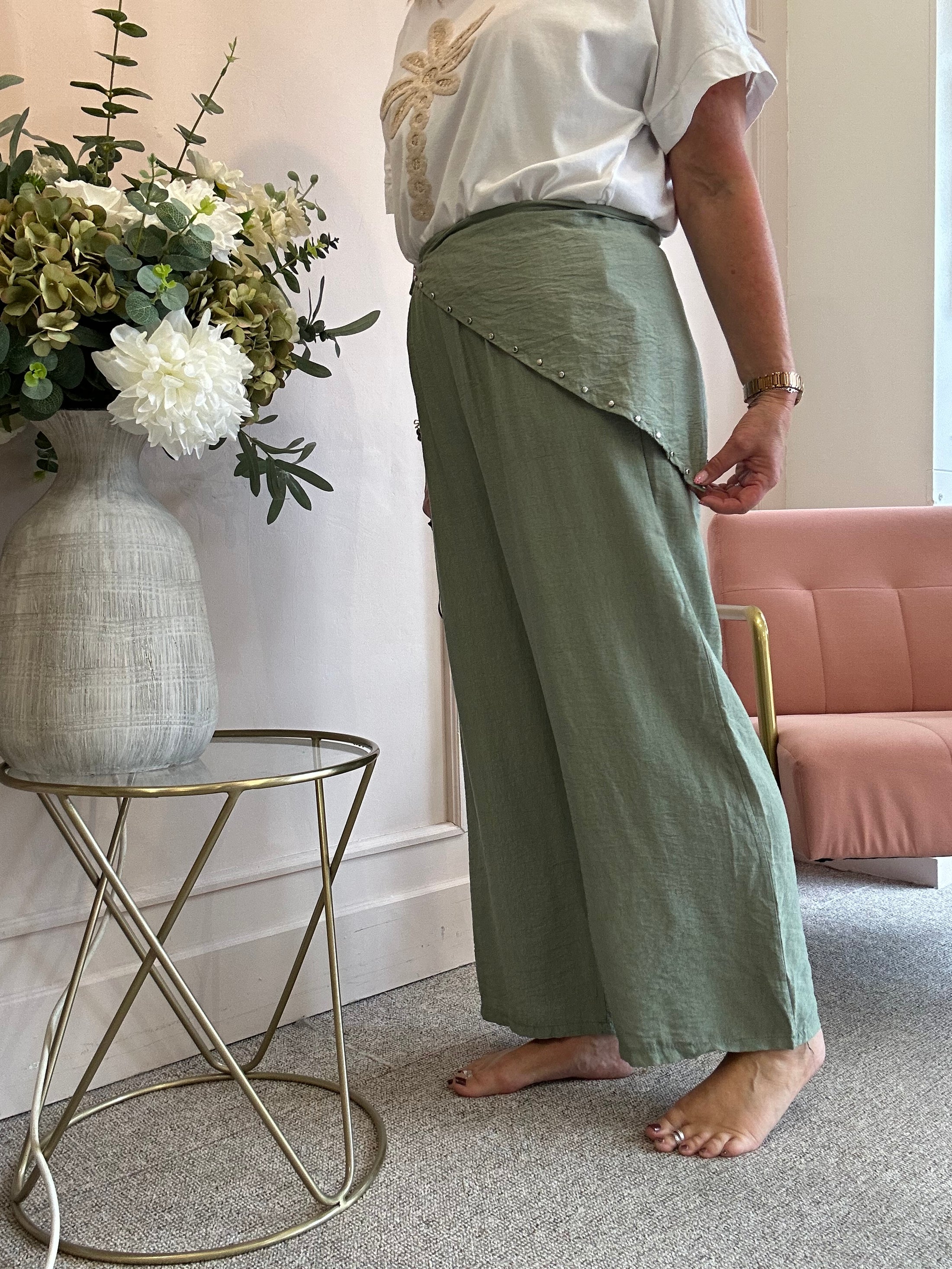 Scarf Tie Wide Pant - Khaki