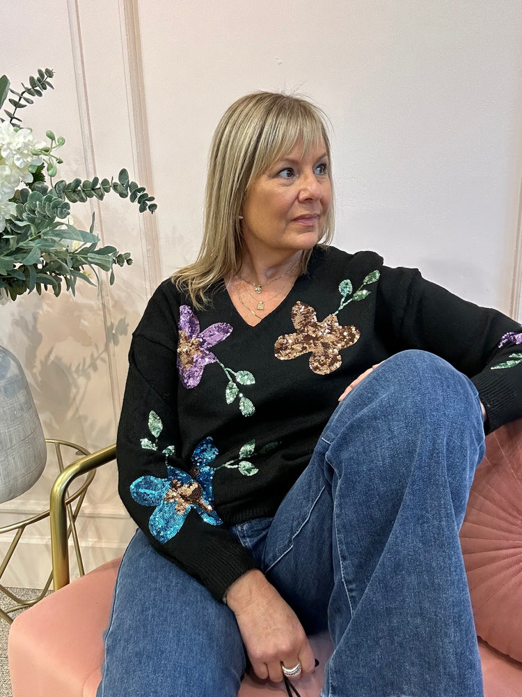 Sequin Flower Jumper - Black/Mix