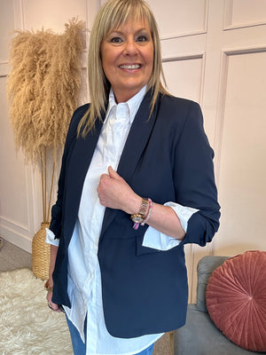 Ruffle Sleeved Blazer - Navy