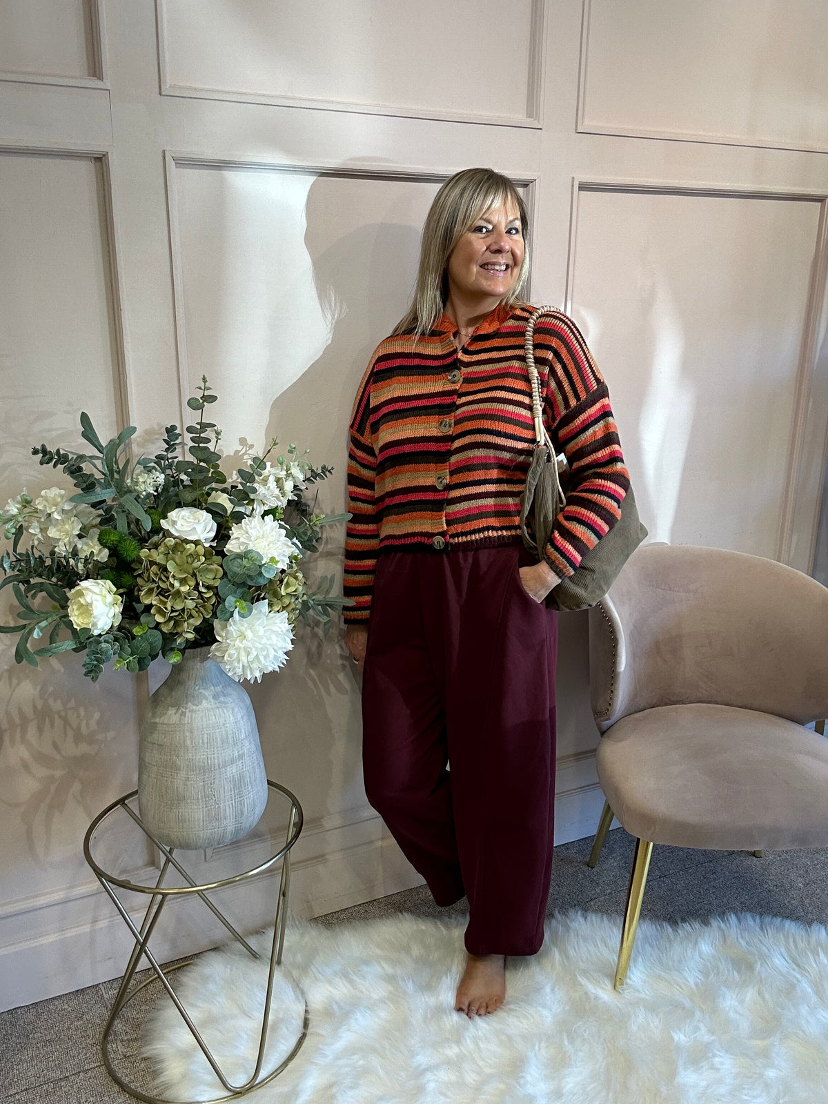 Striped Knit Cardigan - Burnt Orange/Brown