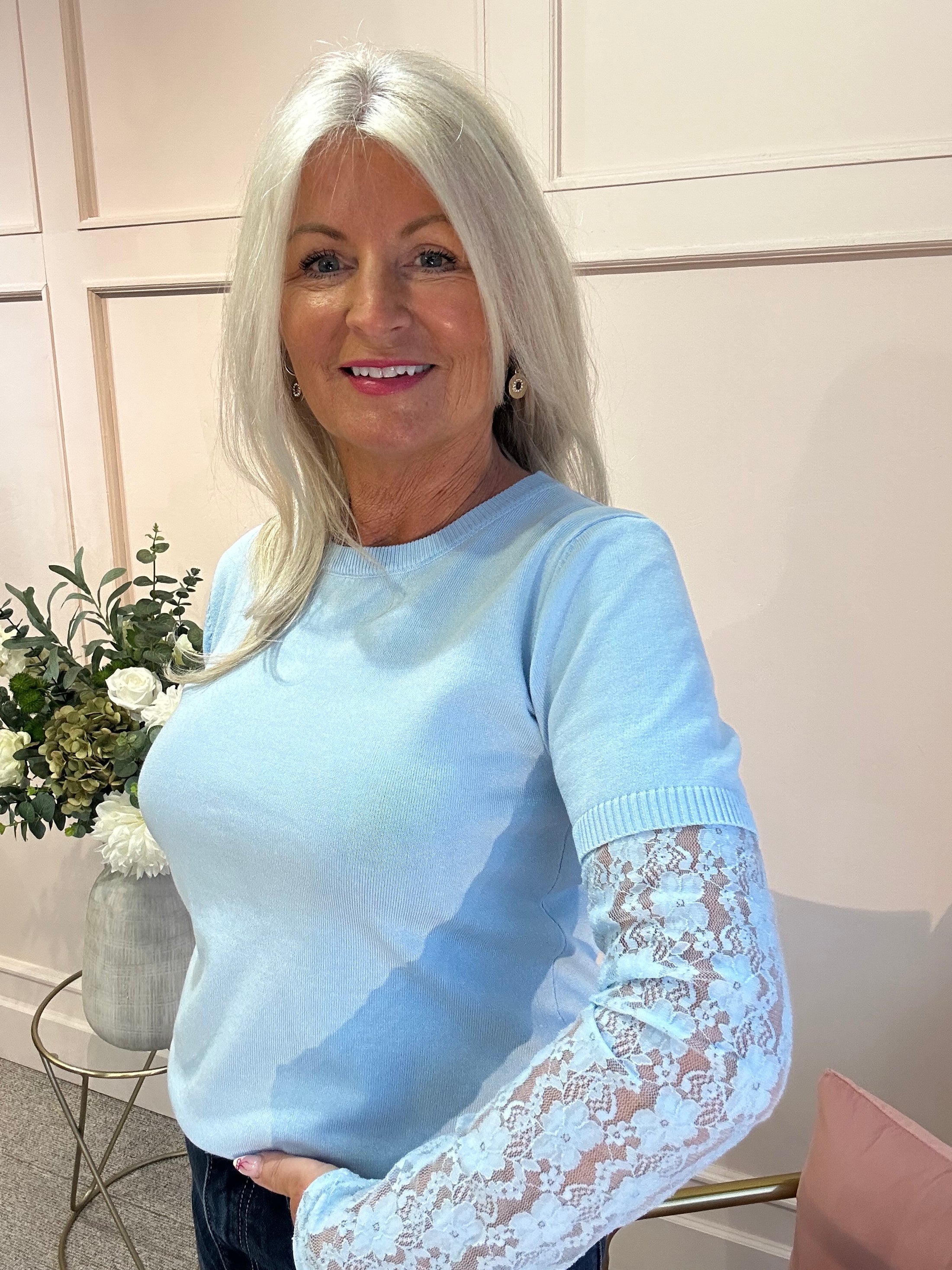 Fine Knit Jumper Lace Sleeve - Light Blue
