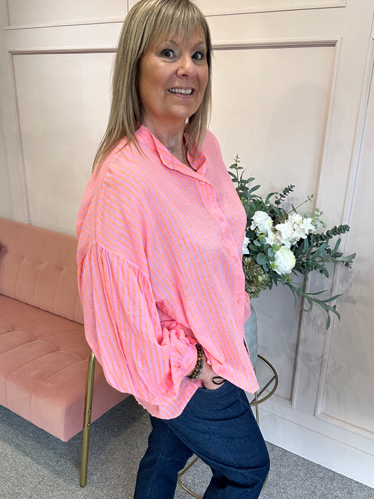 Striped Grandad Shirt - Pink/Orange - Wardrobe By Simone