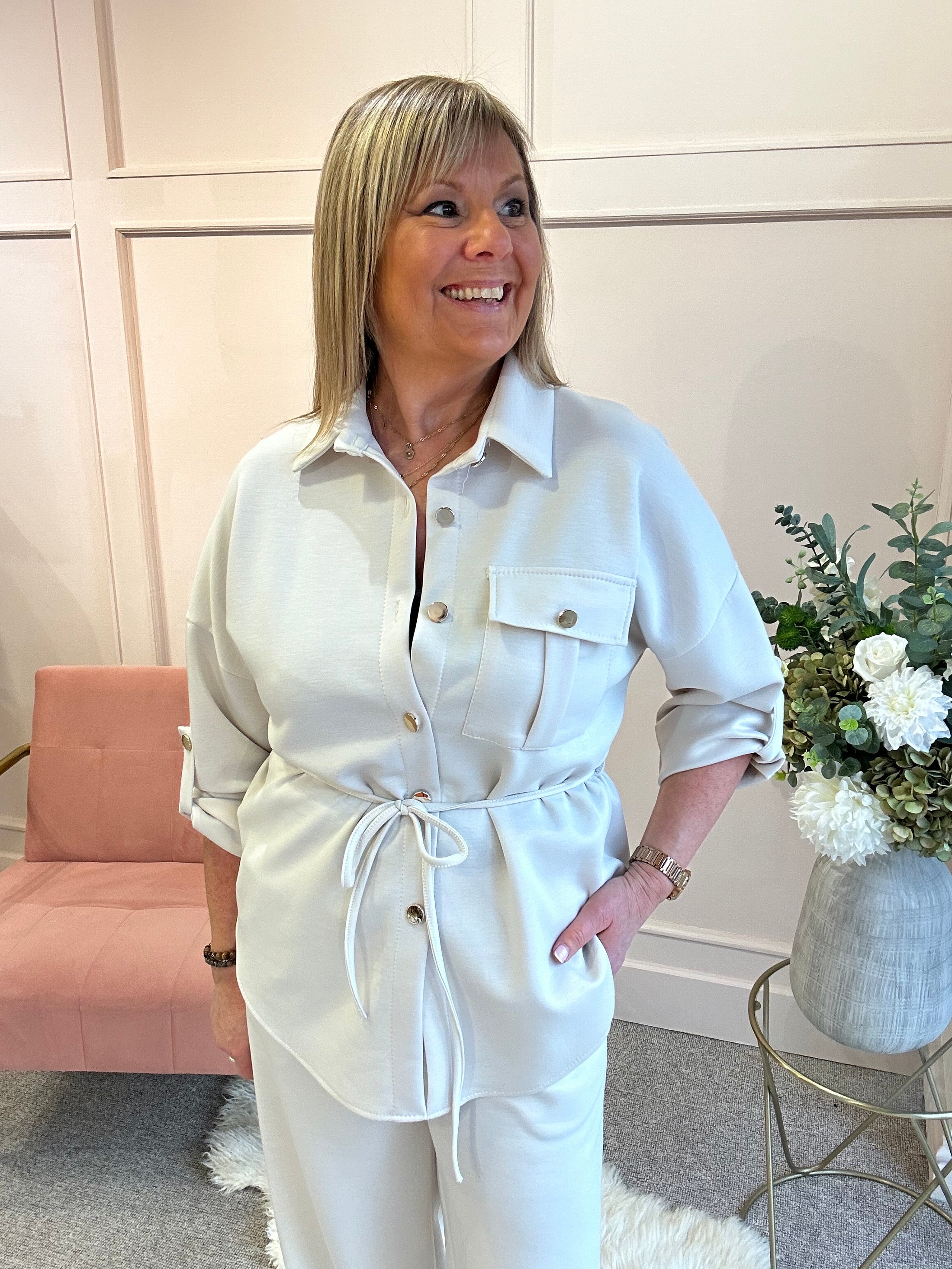 Tunic Shirt Jacket &Trouser Set - Cream