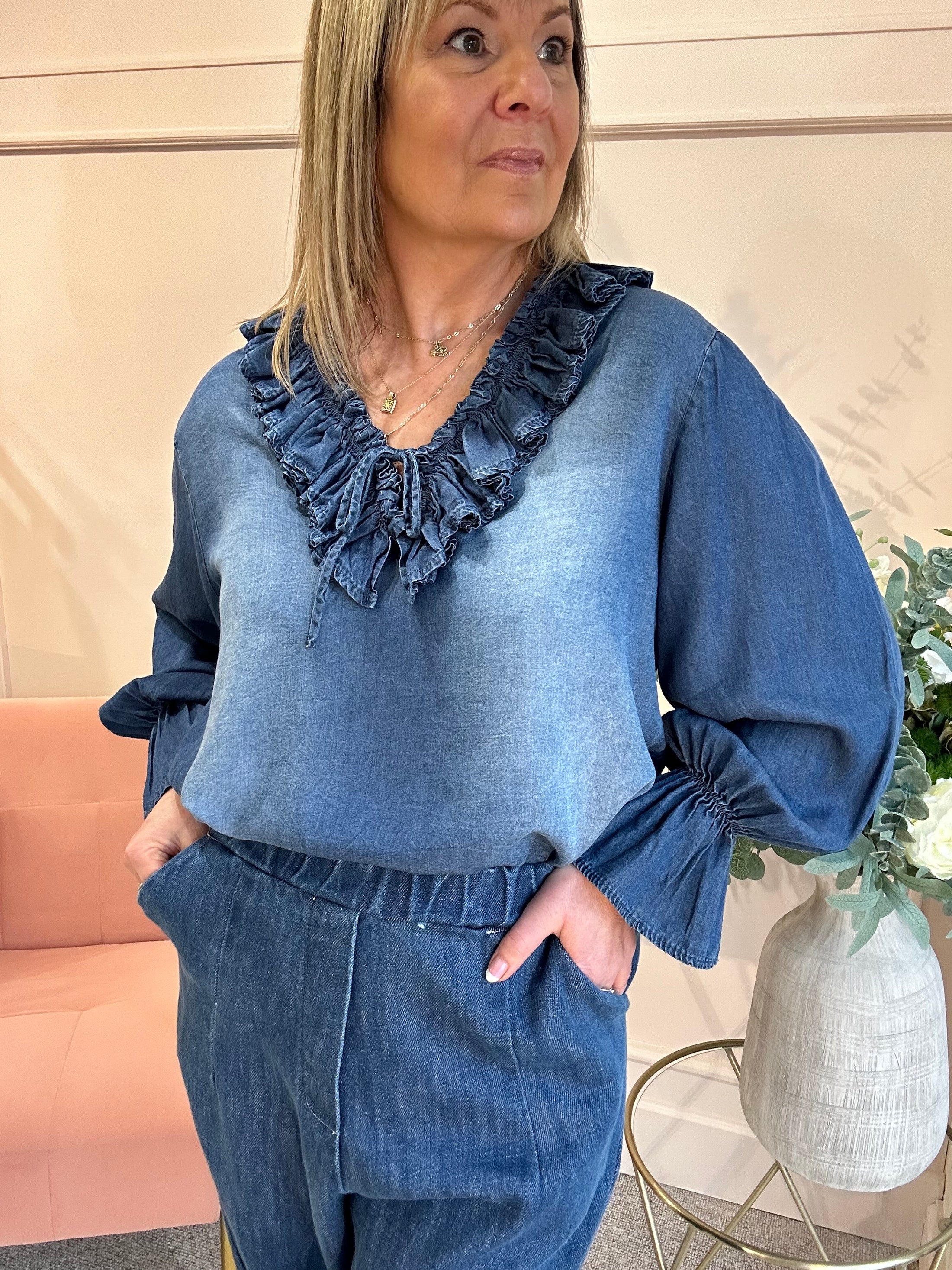 Denim Frill Edge Top - Blue - Wardrobe By Simone