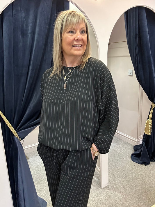 Pinstriped Batwing Top & Pant Set - Black/White - Wardrobe By Simone