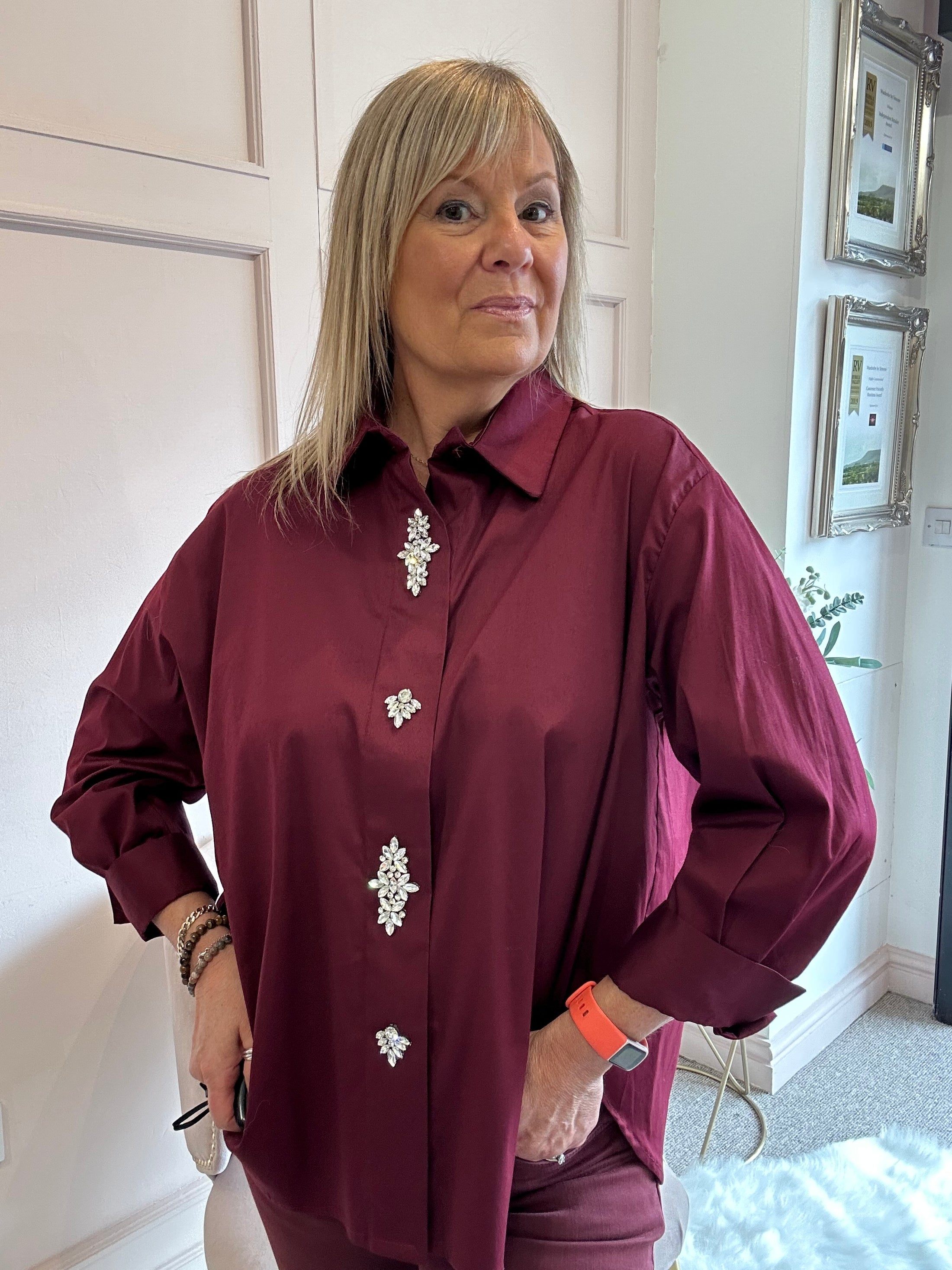 Jewel Button Shirt - Burgundy