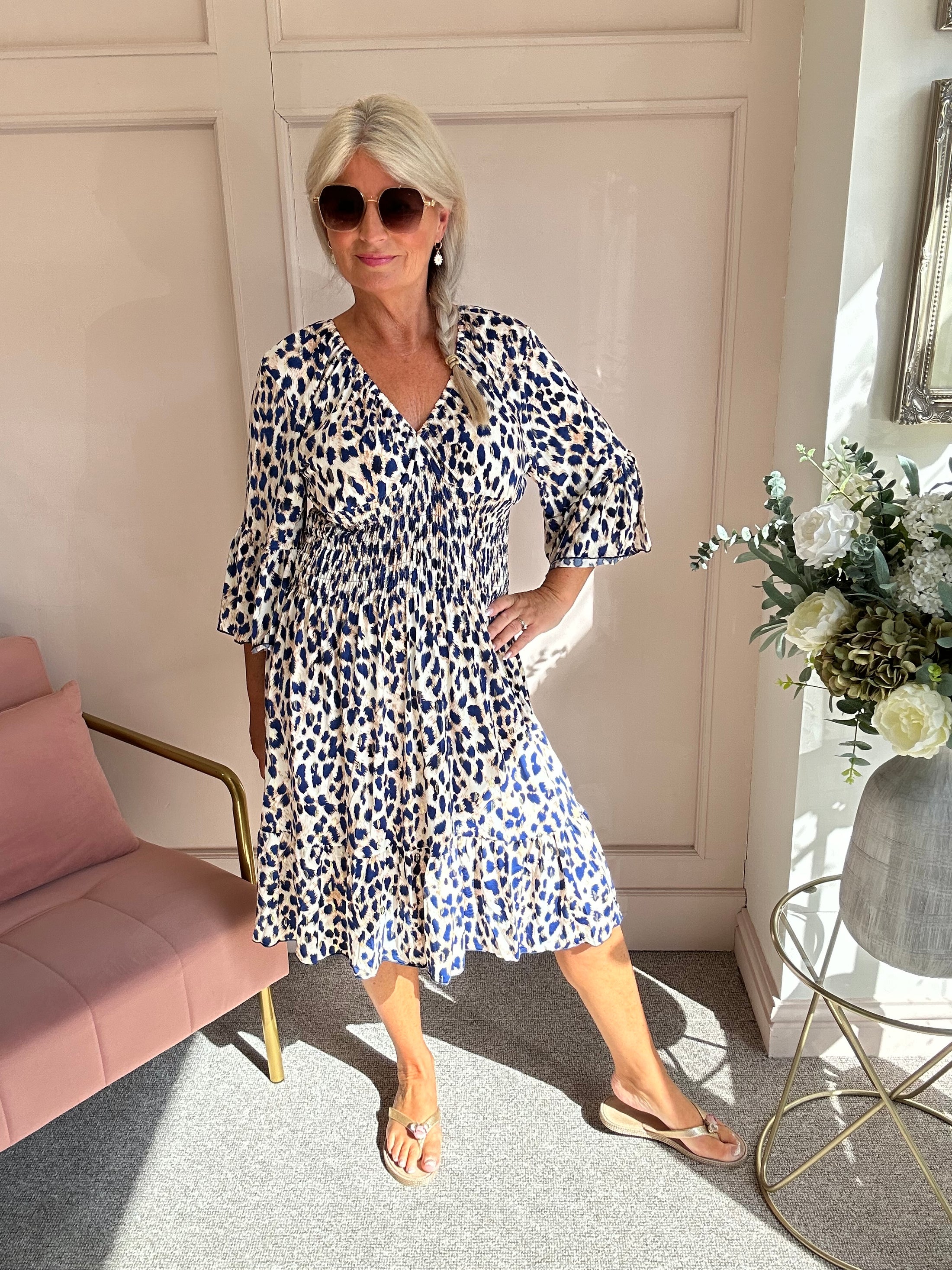 Leopard Mid Dress - Navy/Cream - Wardrobe By Simone